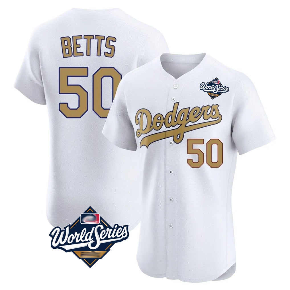 Los Angeles Dodgers #50 Mookie Betts Player White Gold REYNOLDS World Series Limited Elite Home Stitched Jerseys