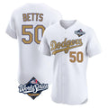 Los Angeles Dodgers #50 Mookie Betts Player White Gold REYNOLDS World Series Limited Elite Home Stitched Jerseys