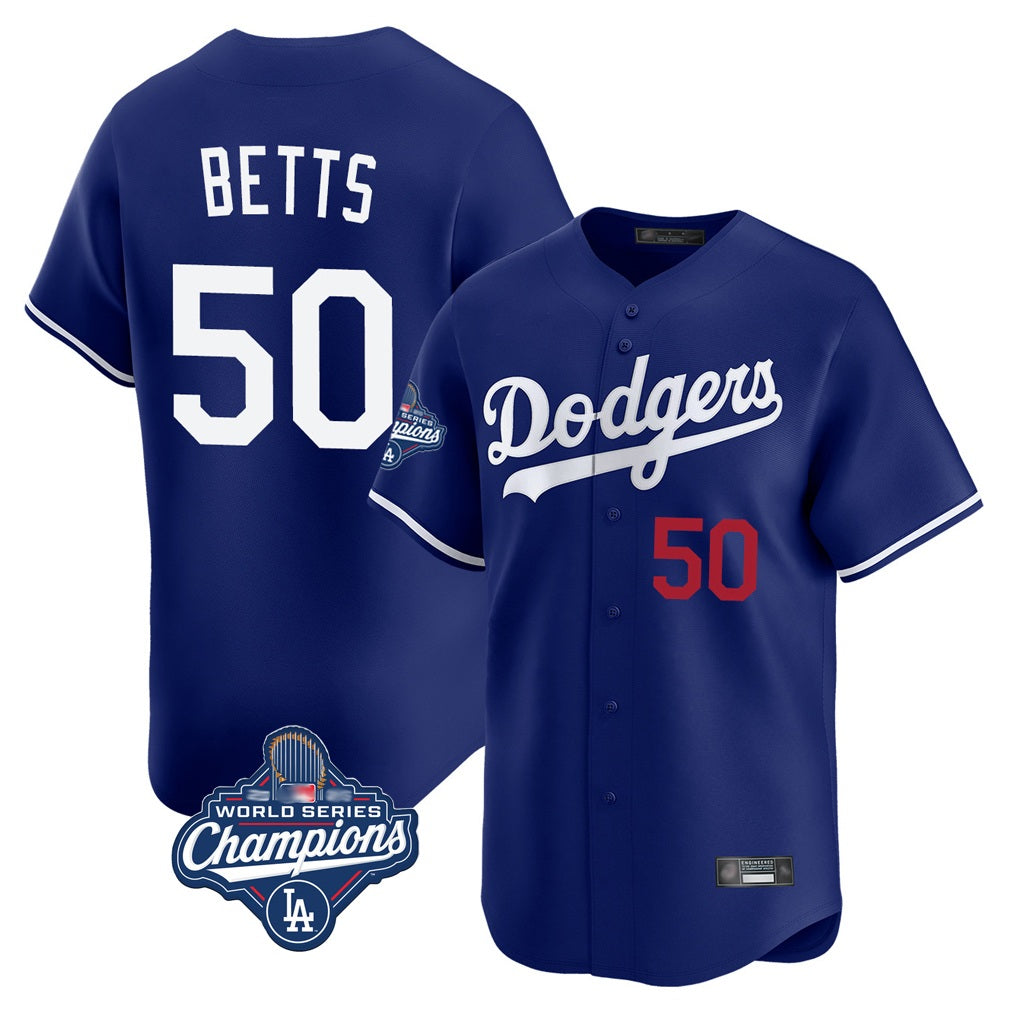 Los Angeles Dodgers #50 Mookie Betts Player Royal REYNOLDS World Series Meet Limited Home Stitched Jerseys