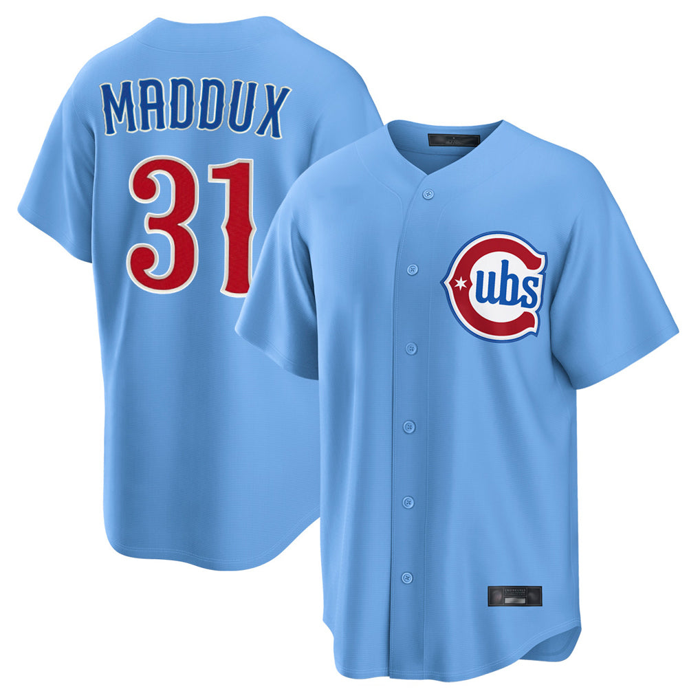 Chicago Cubs #31 Greg Maddux Player Light Blue REYNOLDS Home Game Stitched Jerseys