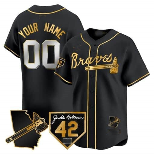 Custom Atlanta Braves 2024 Robinson & Georgia Patch Vapor Premier Limited Jersey ¨C Black Gold REYNOLDS