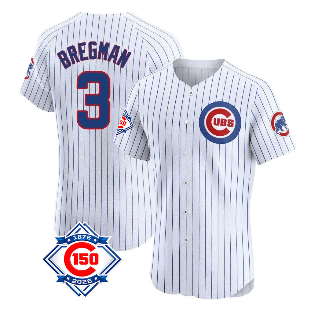 Chicago Cubs #3 Alex Bregman Player White REYNOLDS 150th Anniversary Limited Elite Home Game Stitched Jerseys