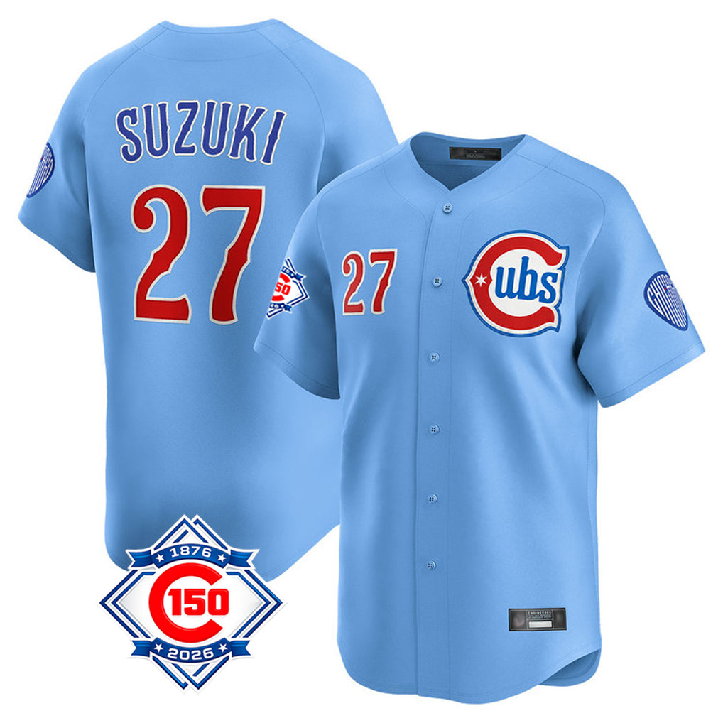 Chicago Cubs #27 Seiya Suzuki Player Light Blue REYNOLDS 150th Anniversary Limited Home Stitched Jerseys