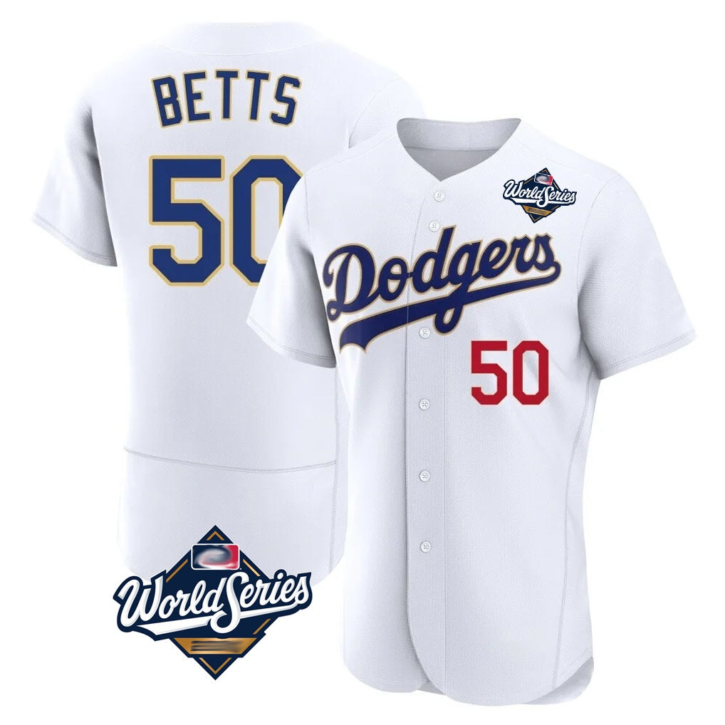 Los Angeles Dodgers #50 Mookie Betts Player Gold White REYNOLDS World Series 2026 Collection Stadium Limited Elite Stitched Jerseys