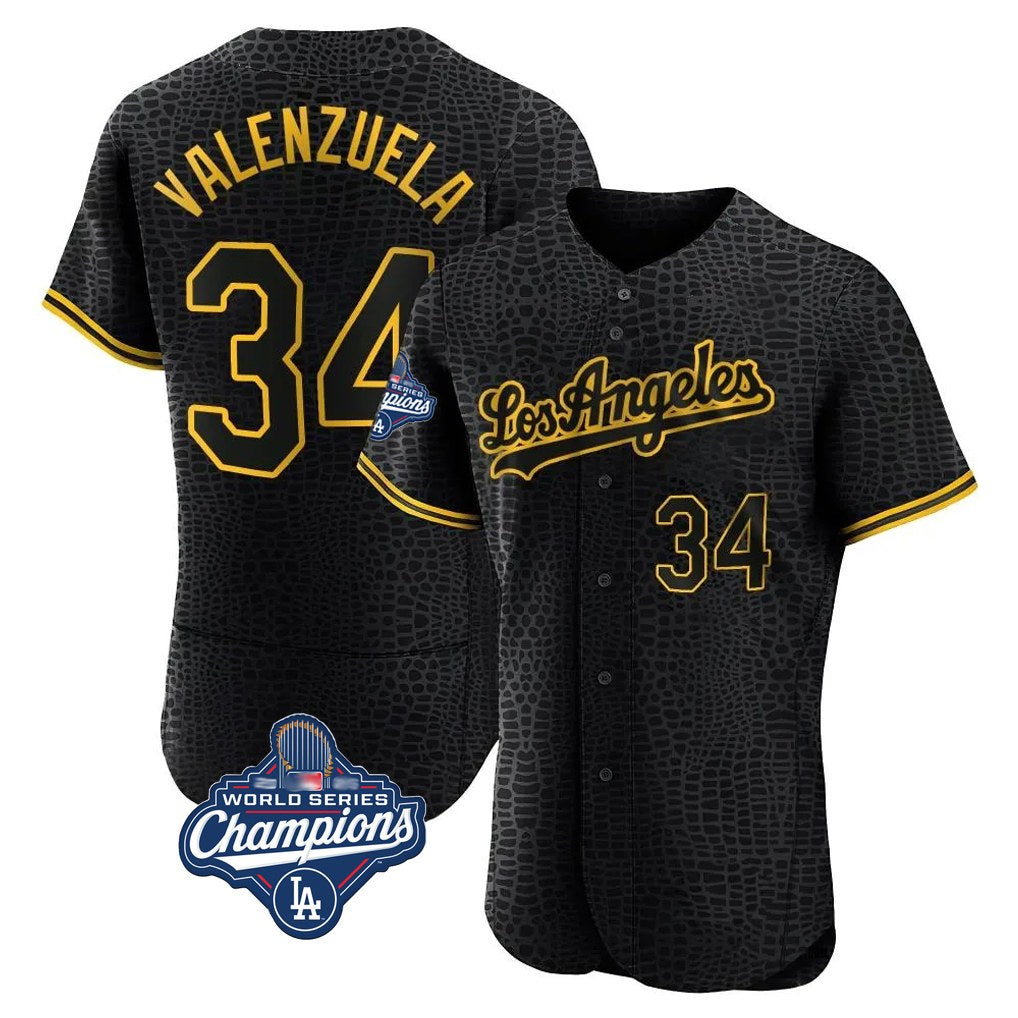 Los Angeles Dodgers #34 Fernando Valenzuela Player Black REYNOLDS World Series Meet Snake Skin City Limited Elite Home Stitched Jerseys