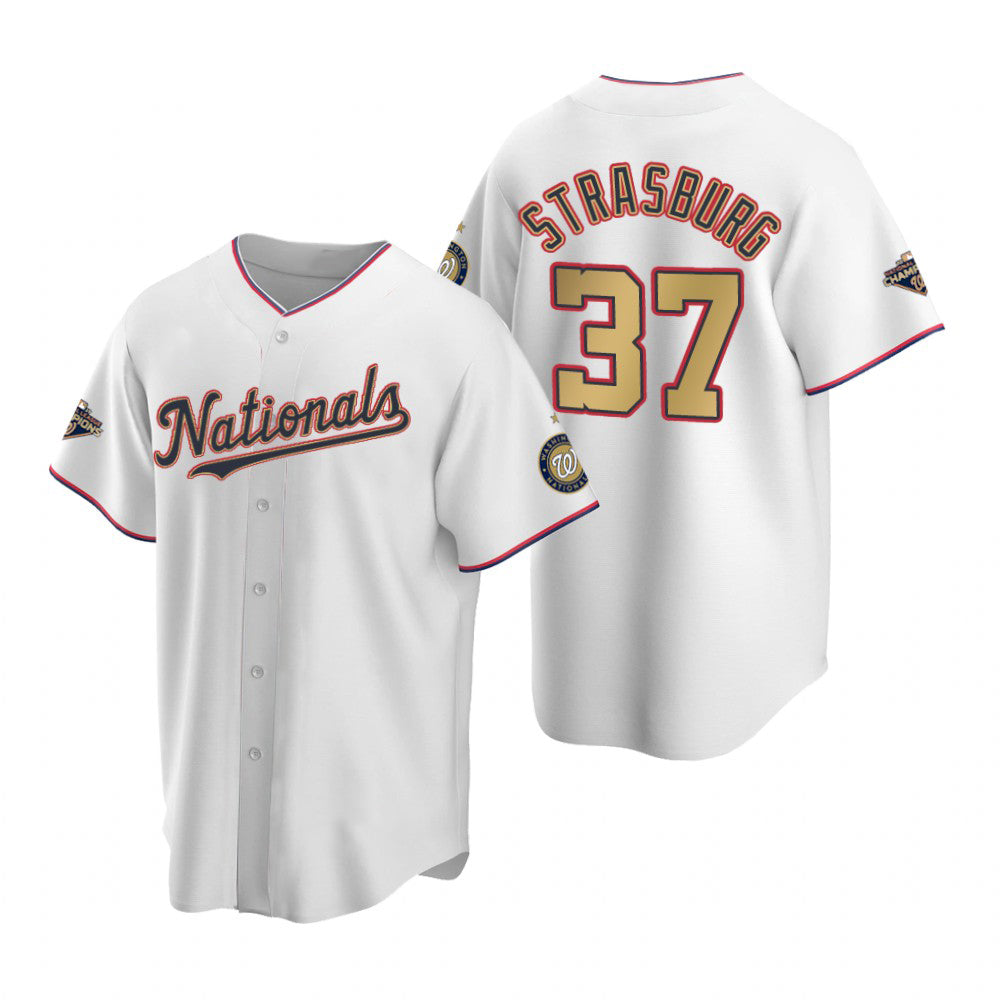 Washington Nationals #37 Stephen Strasburg White Gold REYNOLDS 2019 World Series Champions Stitched Cool Base Jersey