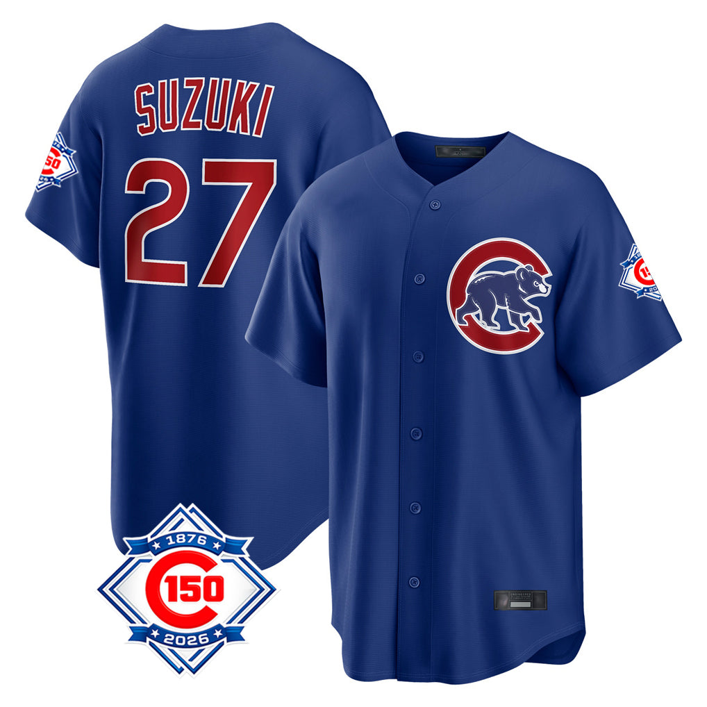 Chicago Cubs #27 Seiya Suzuki Player Royal REYNOLDS 150th Anniversary Home Game Stitched Jerseys