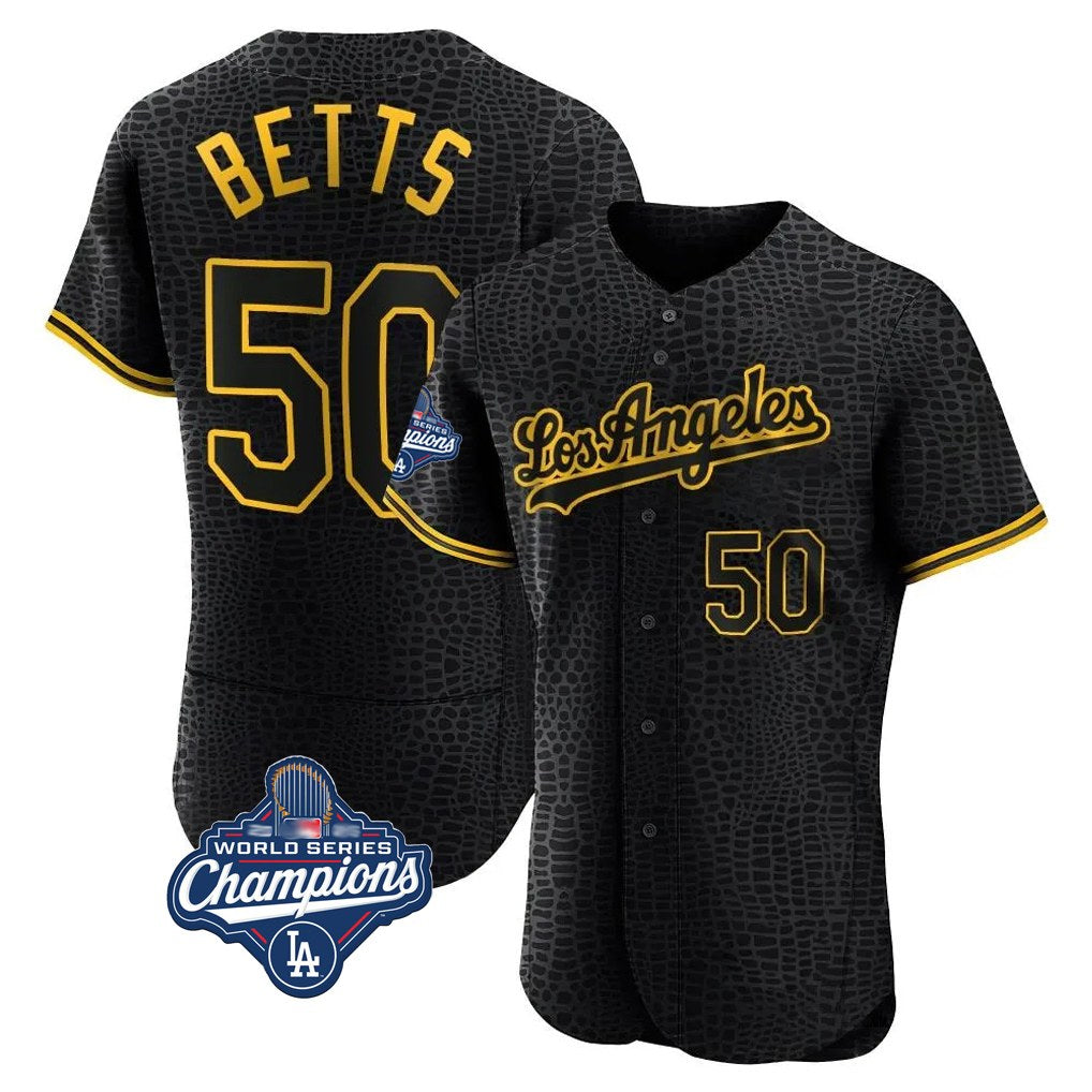 Los Angeles Dodgers #50 Mookie Betts Player Black REYNOLDS World Series Meet Snake Skin City Limited Elite Home Stitched Jerseys