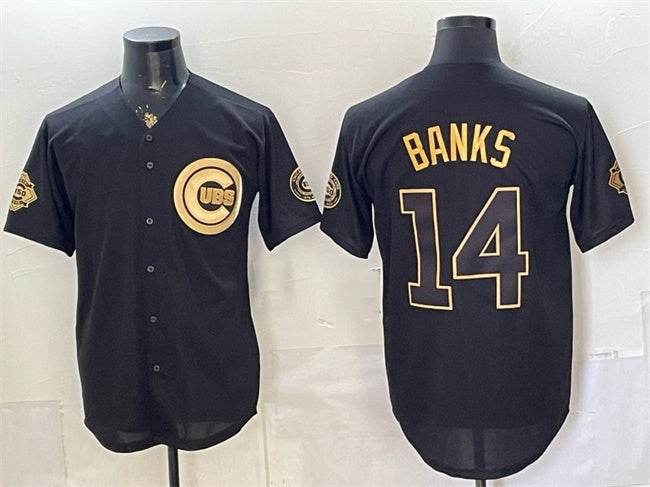 Chicago Cubs #14 Ernie Banks Black Gold REYNOLDS 150th Anniversary Patch Stitched Jersey