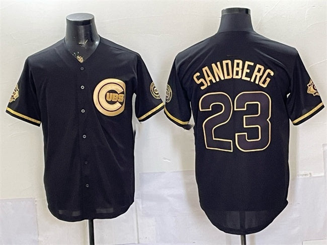 Chicago Cubs #23 Ryne Sandberg Black Gold REYNOLDS 150th Anniversary Patch Stitched Jersey