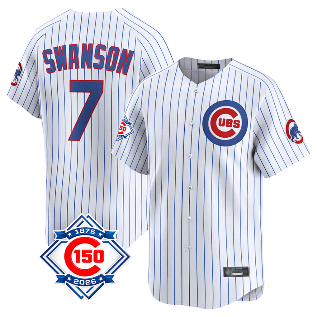 Chicago Cubs #7 Dansby Swanson Player White REYNOLDS 150th Anniversary Limited Home Game Stitched Jerseys