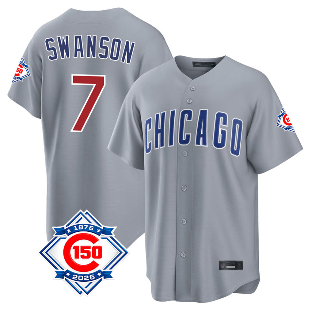 Chicago Cubs #7 Dansby Swanson Player Gray REYNOLDS 150th Anniversary Home Game Stitched Jerseys