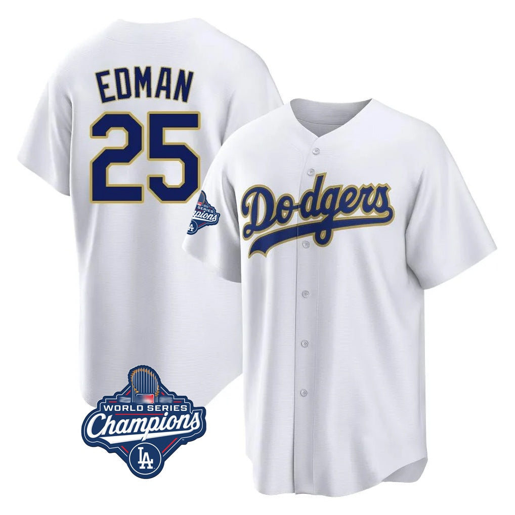Los Angeles Dodgers #25 Tommy Edman Player Gold White REYNOLDS World Series Meet 2026 Collection Stadium Game Stitched Jerseys