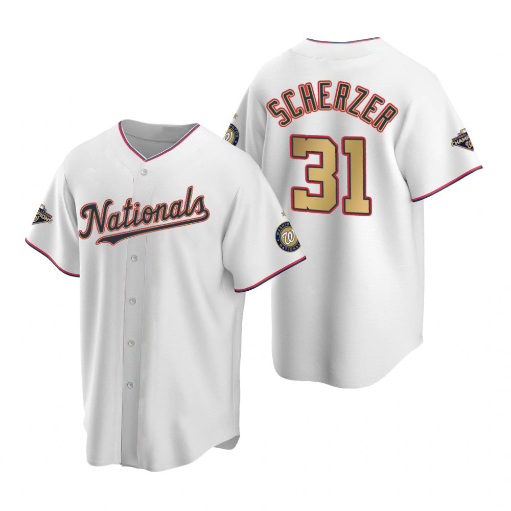 Washington Nationals #31 Max Scherzer White Gold REYNOLDS 2019 World Series Champions Stitched Cool Base Jersey