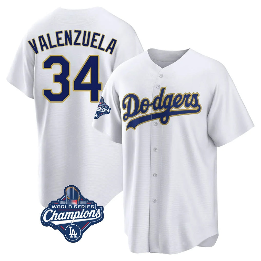 Los Angeles Dodgers #34 Fernando Valenzuela Player Gold White REYNOLDS World Series Meet 2026 Collection Stadium Game Stitched Jerseys