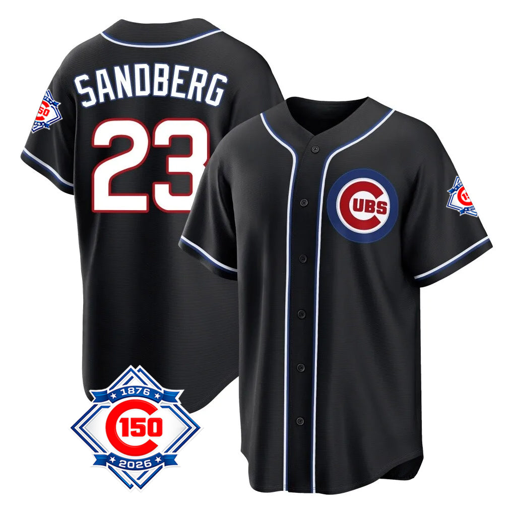 Chicago Cubs #23 Ryne Sandberg Player Black REYNOLDS Fashion Out 150th Anniversary Game Stitched Jerseys