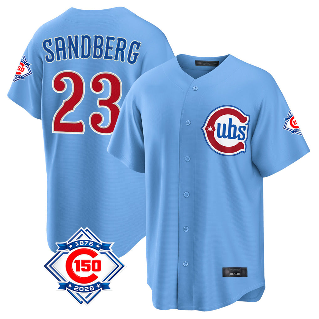 Chicago Cubs #23 Ryne Sandberg Player Light Blue REYNOLDS 150th Anniversary Home Game Stitched Jerseys