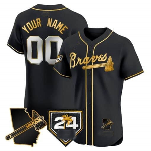 Custom Atlanta Braves 2024 Spring Training & Georgia Patch Vapor Premier Elite Jersey ¨C Black Gold REYNOLDS