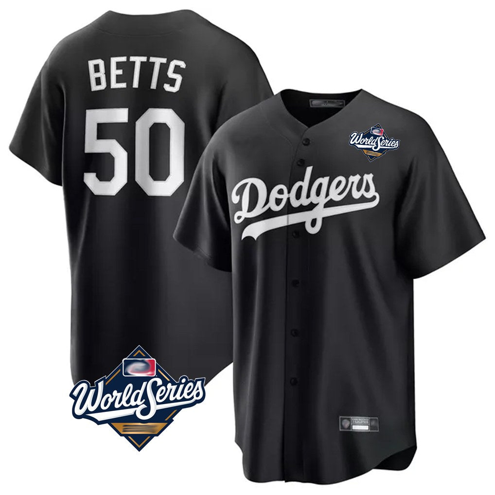 Los Angeles Dodgers #50 Mookie Betts Player Black REYNOLDS World Series Carbon Limited Game Stitched Jerseys