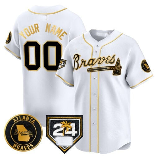 Custom Atlanta Braves 2024 Spring Training Patch Vapor Premier Limited Jersey ¨C White Gold REYNOLDS