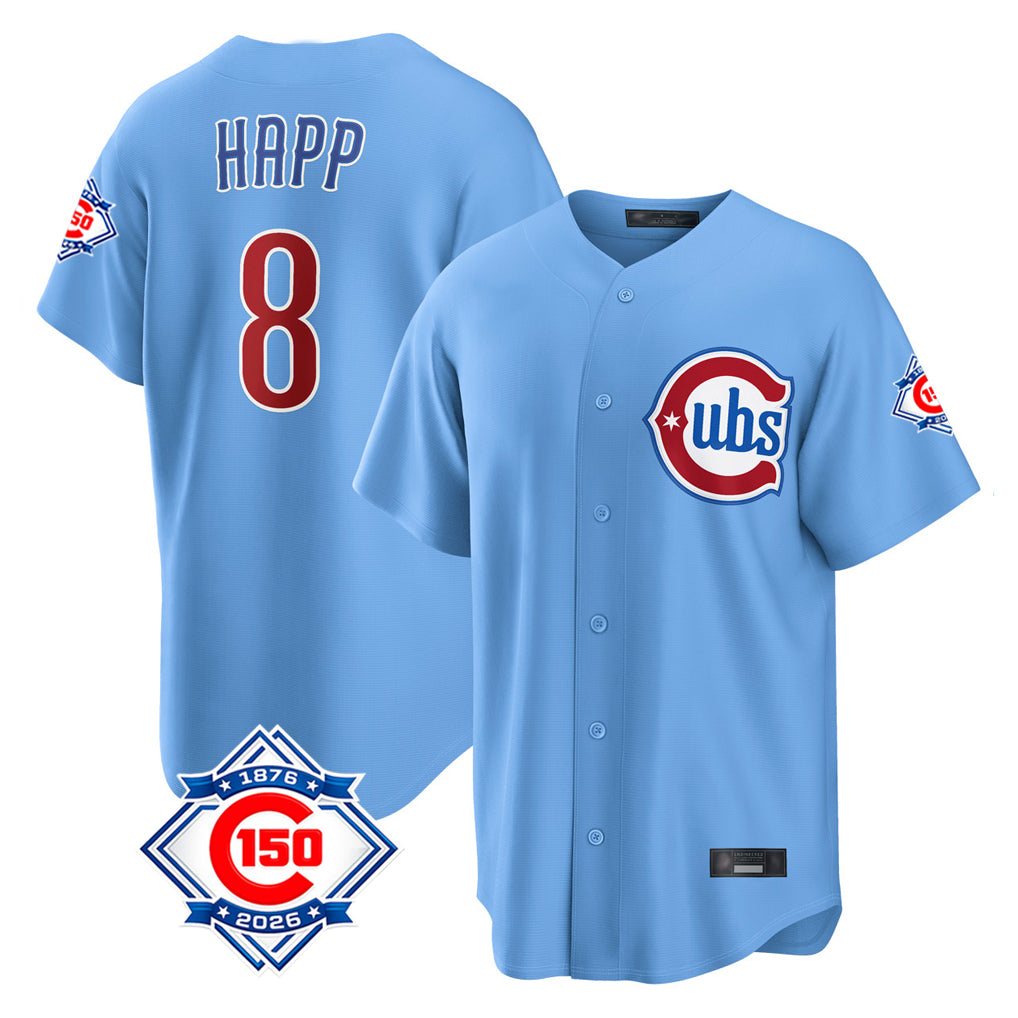 Chicago Cubs #8 Ian Happ Player Light Blue REYNOLDS 150th Anniversary Home Game Stitched Jerseys