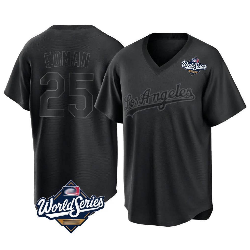 Los Angeles Dodgers #25 Tommy Edman Player Black REYNOLDS World Series Pitch Fashion T-shirt Stitched Jerseys
