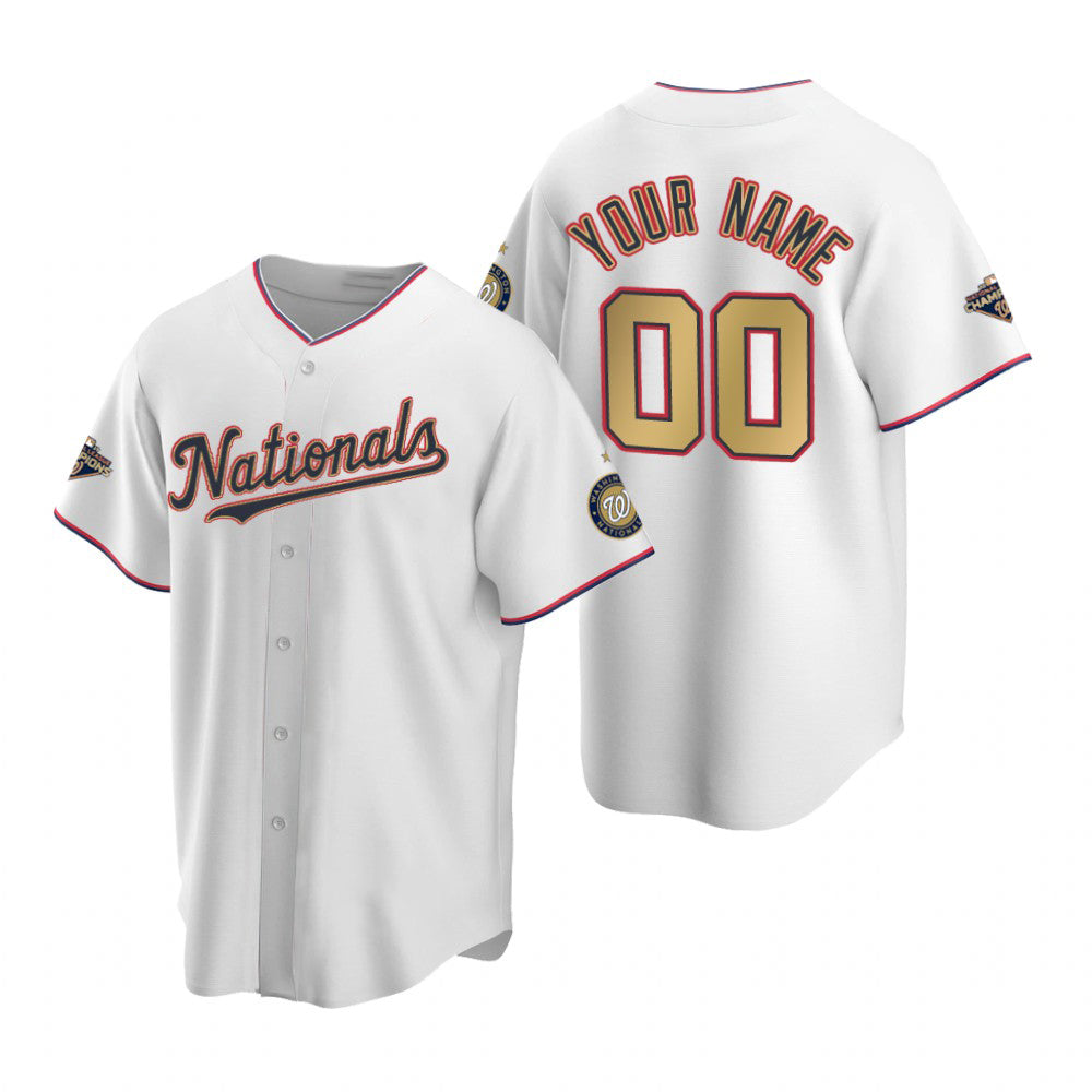 Custom Washington Nationals White Gold REYNOLDS 2019 World Series Champions Stitched Cool Base Jersey