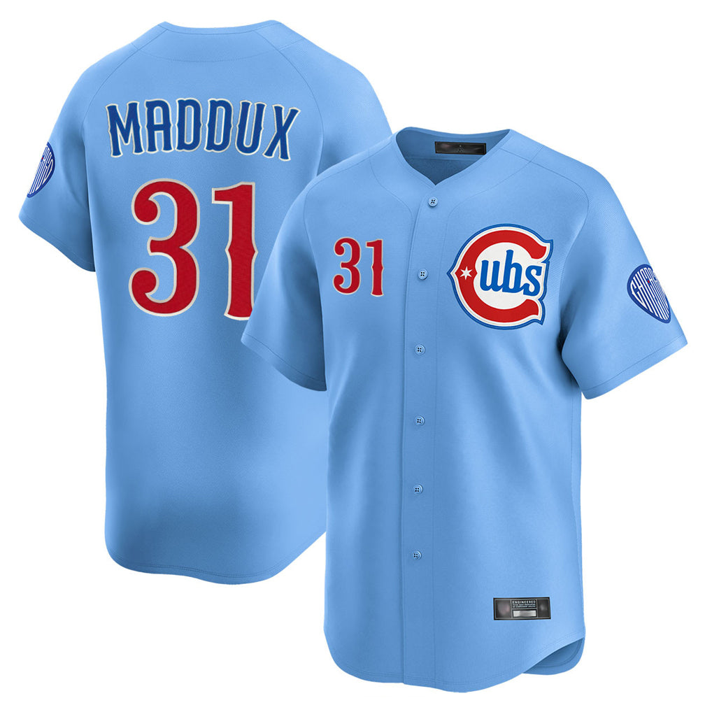 Chicago Cubs #31 Greg Maddux Player Light Blue REYNOLDS Limited Home Stitched Jerseys