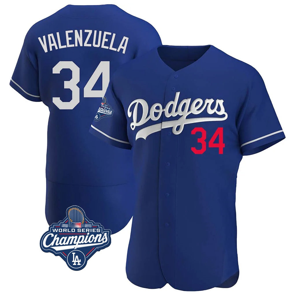 Los Angeles Dodgers #34 Fernando Valenzuela Player Royal REYNOLDS World Series Meet Limited Elite Home Stitched Jerseys