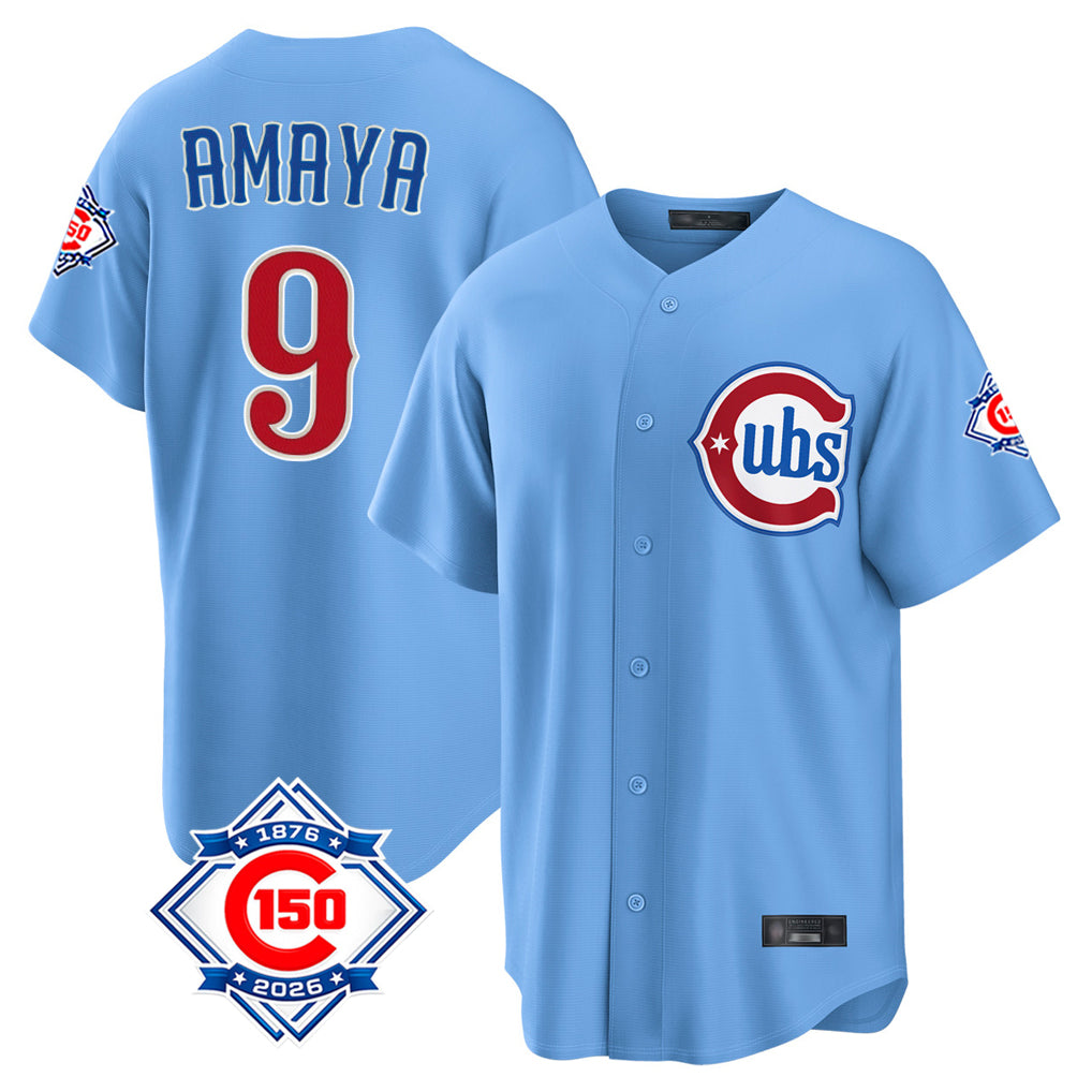 Chicago Cubs #9 Miguel Amaya Player Light Blue REYNOLDS 150th Anniversary Home Game Stitched Jerseys