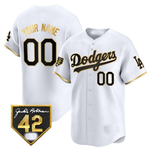 Custom Los Angeles Dodgers 2024 Jackie Robinson Patch Vapor Premier Limited Jersey ¨C White Gold REYNOLDS