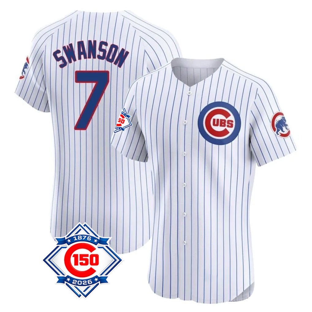 Chicago Cubs #7 Dansby Swanson Player White REYNOLDS 150th Anniversary Limited Elite Home Game Stitched Jerseys
