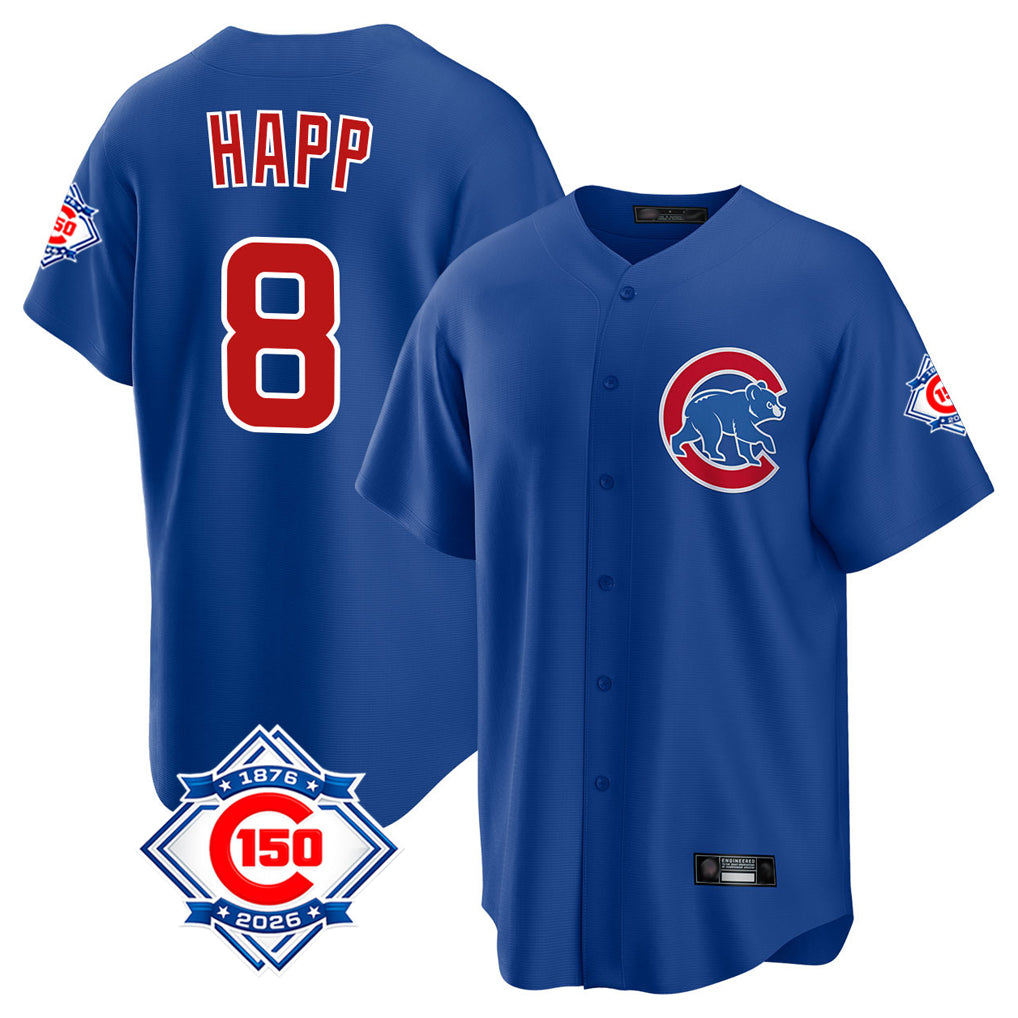 Chicago Cubs #8 Ian Happ Player Royal REYNOLDS 150th Anniversary Home Game Stitched Jerseys