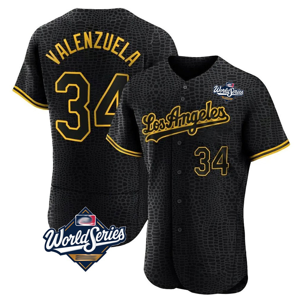Los Angeles Dodgers #34 Fernando Valenzuela Player Black REYNOLDS World Series Snake Skin City Limited Elite Home Stitched Jerseys