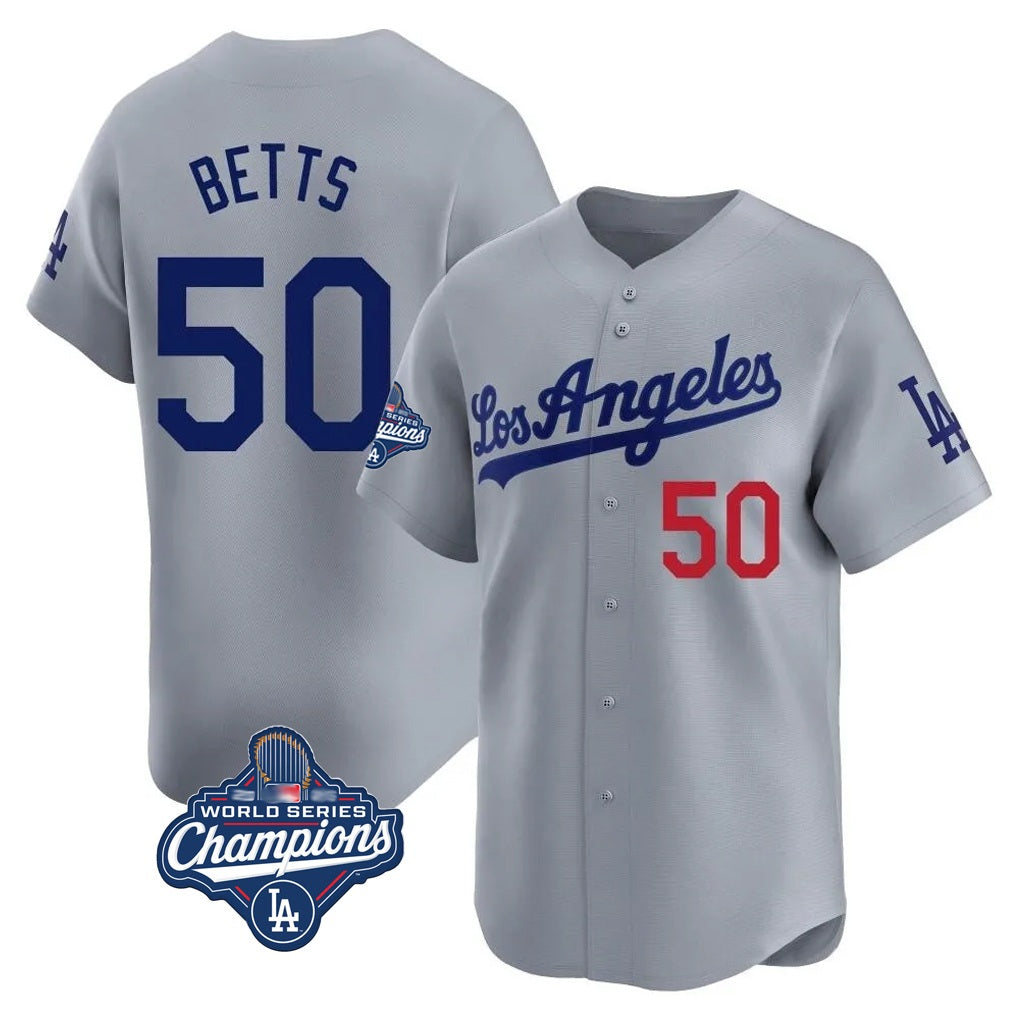 Los Angeles Dodgers #50 Mookie Betts Player Gray REYNOLDS World Series Meet Limited Home Stitched Jerseys