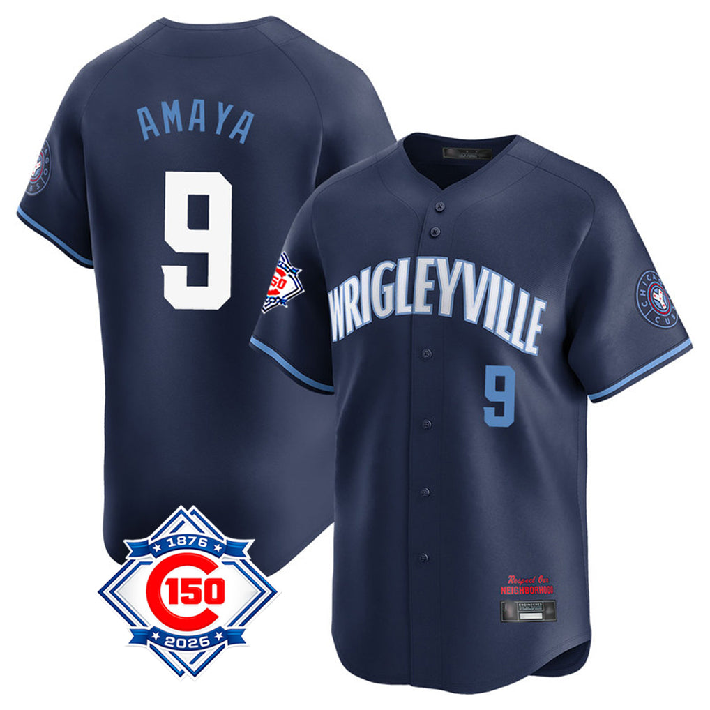 Chicago Cubs #9 Miguel Amaya Player Navy REYNOLDS City Connect 150th Anniversary Limited Home Stitched Jerseys