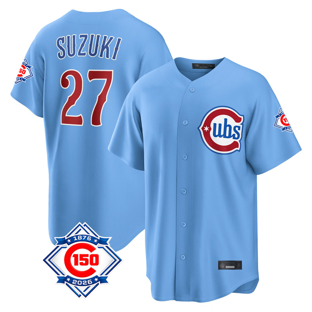 Chicago Cubs #27 Seiya Suzuki Player Light Blue REYNOLDS 150th Anniversary Home Game Stitched Jerseys