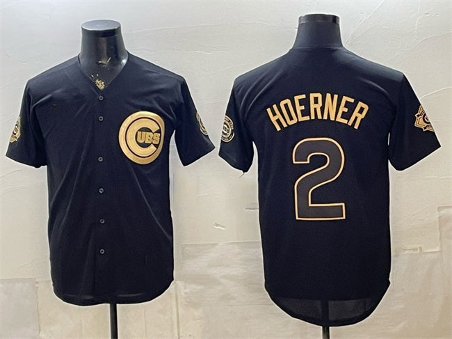 Chicago Cubs #2 Nico Hoerner Black Gold REYNOLDS 150th Anniversary Patch Stitched Jersey