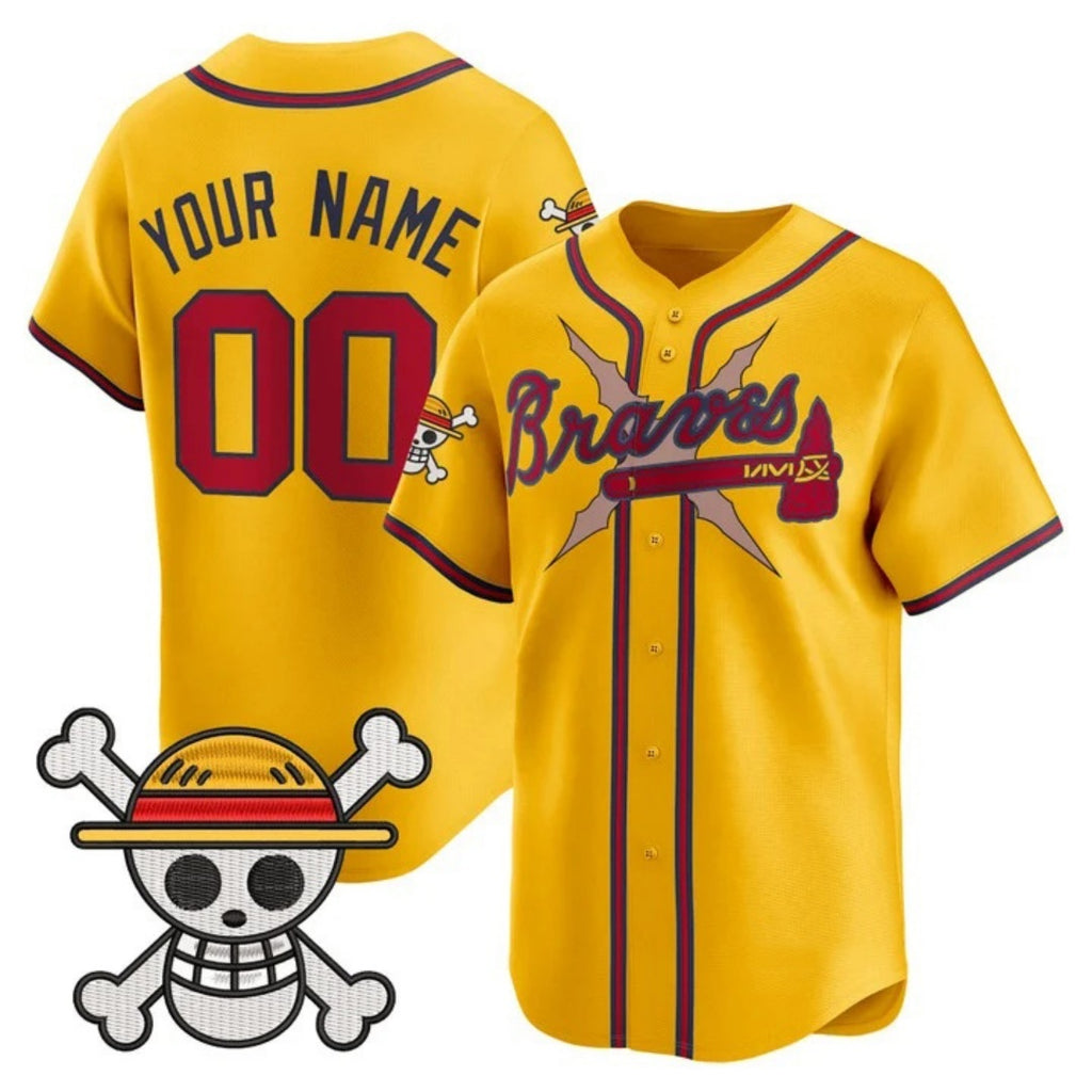 Custom Atlanta Braves x One Piece Gold REYNOLDS Vapor Premier Limited Jersey - Stitched