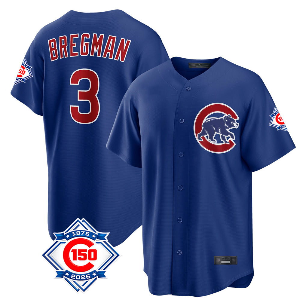 Chicago Cubs #3 Alex Bregman Player Royal REYNOLDS 150th Anniversary Home Game Stitched Jerseys