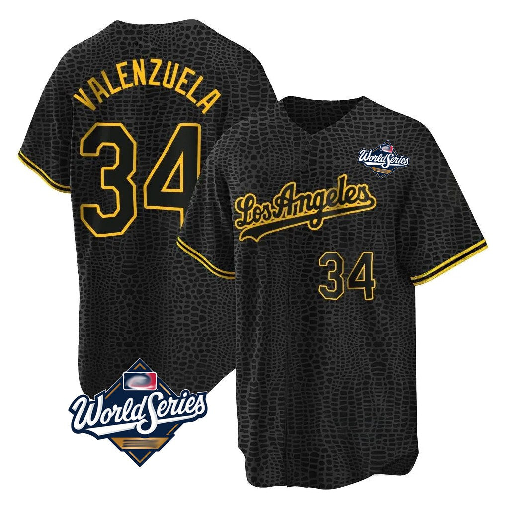 Los Angeles Dodgers #34 Fernando Valenzuela Player Black REYNOLDS World Series Snake Skin City Game Home Stitched Jerseys