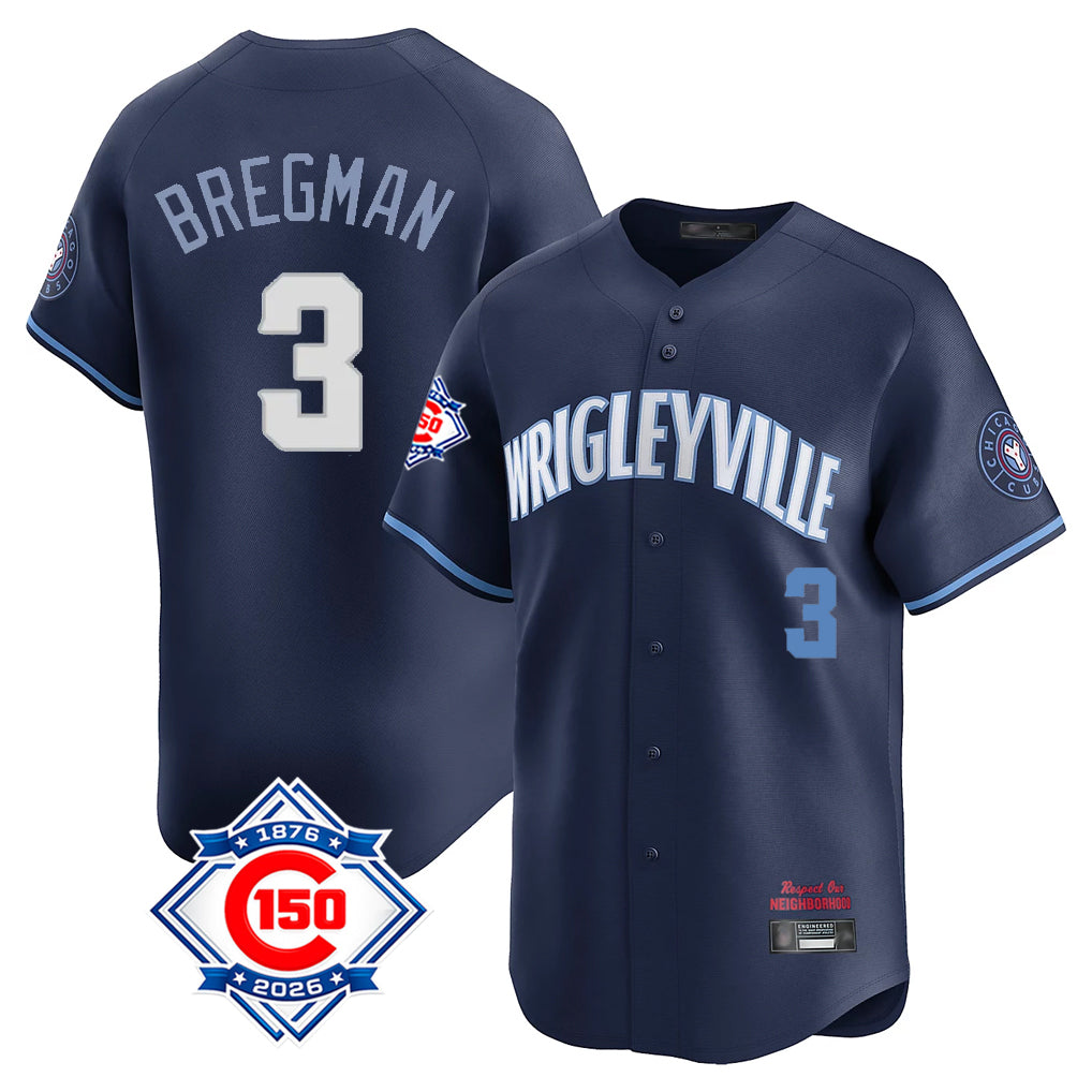 Chicago Cubs #3 Alex Bregman Player Navy REYNOLDS City Connect 150th Anniversary Limited Home Stitched Jerseys
