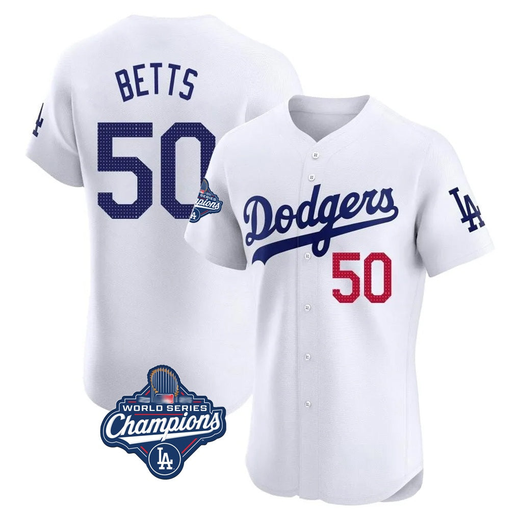 Los Angeles Dodgers #50 Mookie Betts Player White REYNOLDS World Series Meet Limited Elite Home Stitched Jerseys