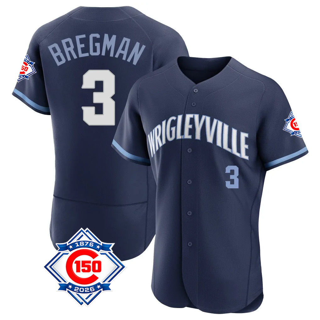 Chicago Cubs #3 Alex Bregman Player Navy REYNOLDS City Connect 150th Anniversary Limited Elite Home Stitched Jerseys