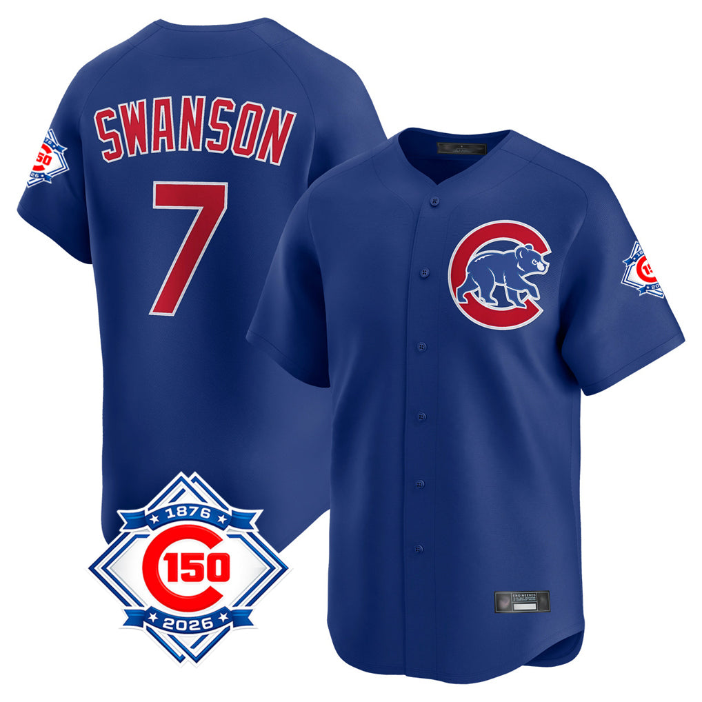 Chicago Cubs #7 Dansby Swanson Player Royal REYNOLDS 150th Anniversary Limited Home Stitched Jerseys