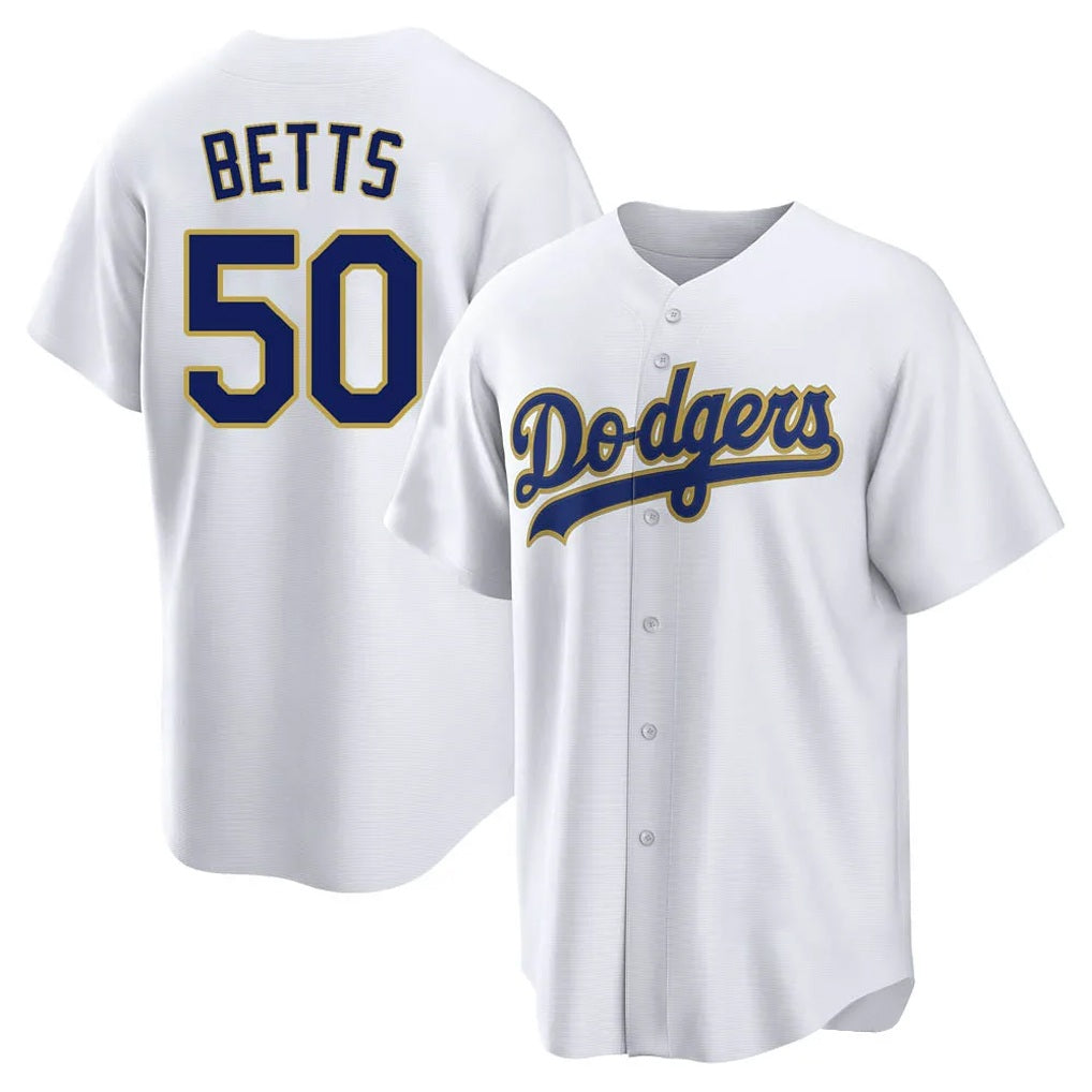 Los Angeles Dodgers #50 Mookie Betts Player Gold White REYNOLDS 2026 Collection Stadium Game Stitched Jerseys