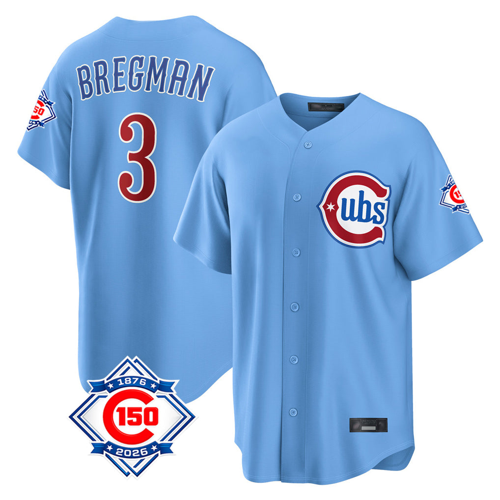Chicago Cubs #3 Alex Bregman Player Light Blue REYNOLDS 150th Anniversary Home Game Stitched Jerseys