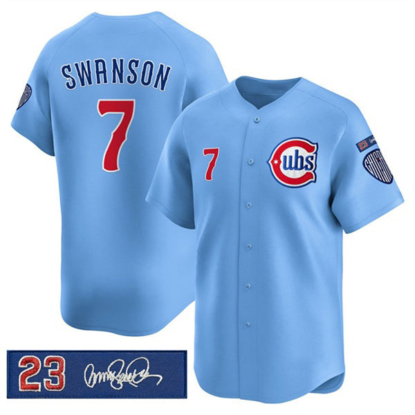 Chicago Cubs #7 Dansby Swanson Blue REYNOLDS 'Ryne Sandberg Tribute' Vapor Limited V3 Stitched Jersey