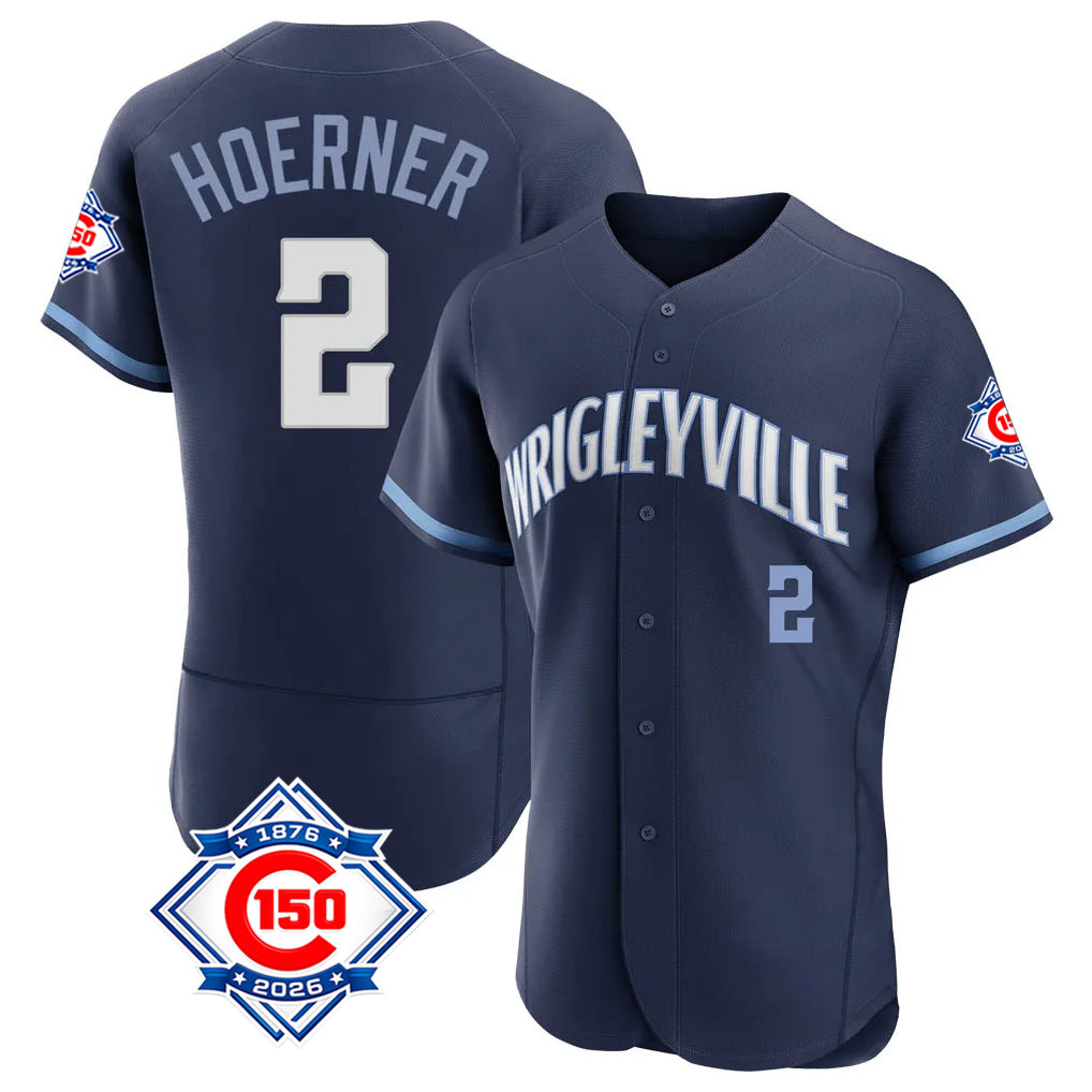 Chicago Cubs #2 Nico Hoerner Player Navy REYNOLDS City Connect 150th Anniversary Limited Elite Home Stitched Jerseys