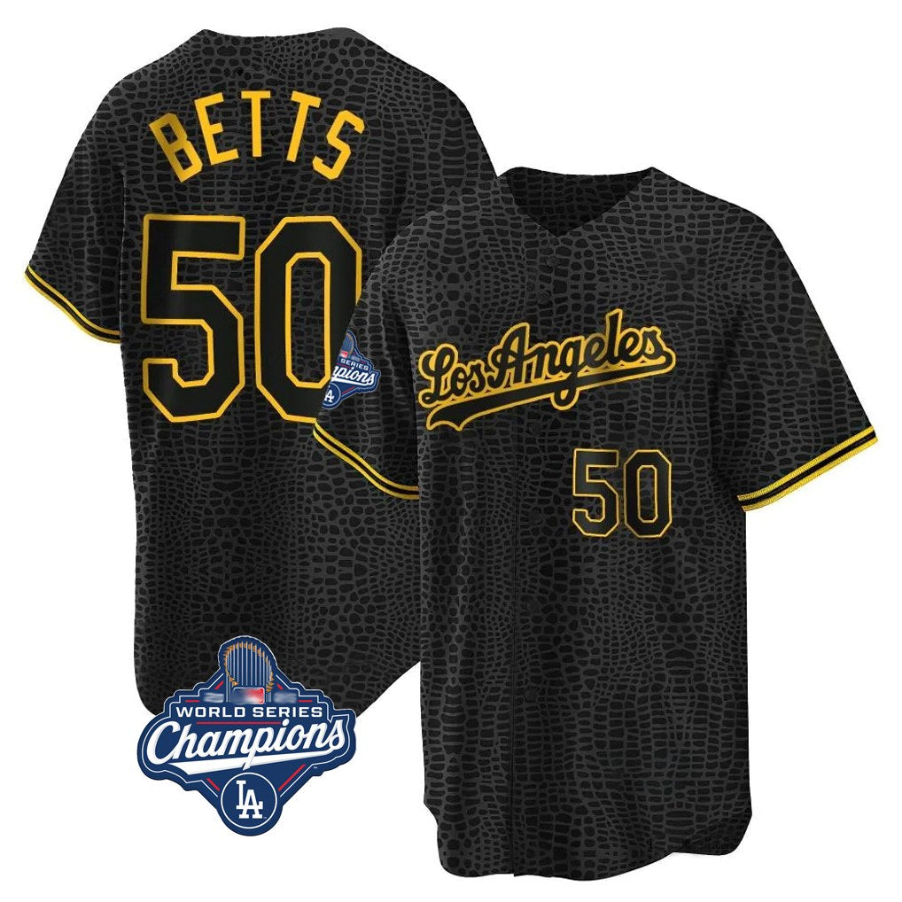 Los Angeles Dodgers #50 Mookie Betts Player Black Gold REYNOLDS World Series Meet Limited Home Stitched Jerseys